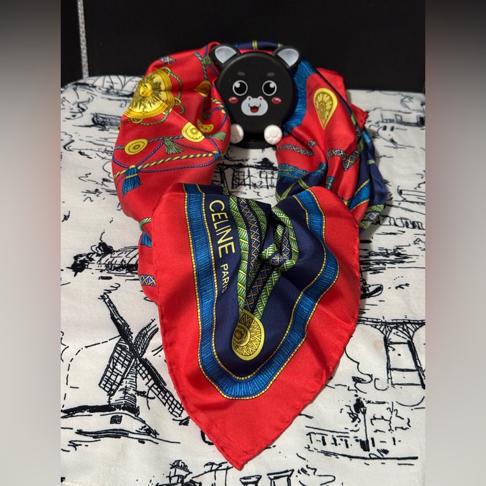 Celine Paris Red and Navy silk Scarf